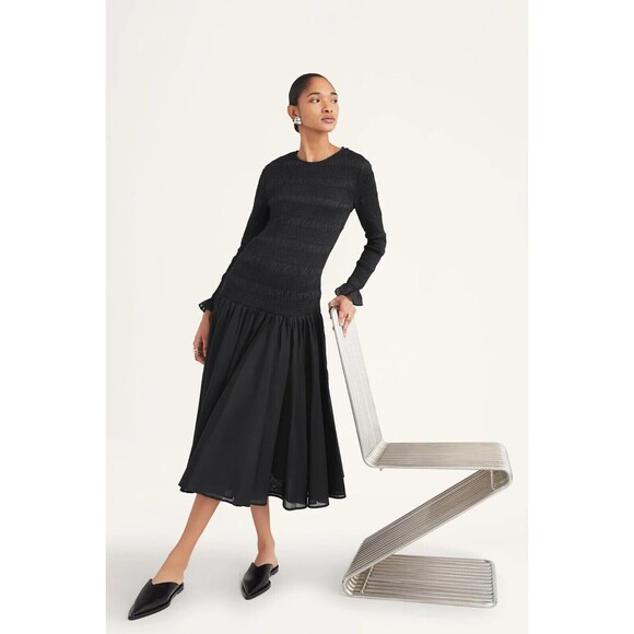 Merlette Syden Midi Dress Smocked Black Ruffle Cotton Long Sleeve XXS New 267247
